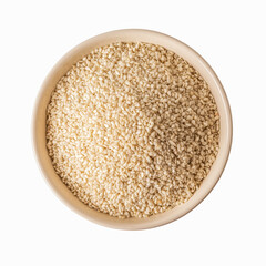 Top view of white sesame seeds in a beige bowl cutout. Raw organic  grains on a plate isolated on a white background. Sesamum indicum crop for boosting immunity diet and as calcium source.