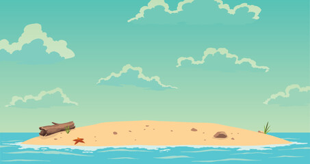 Robinson crusoe island. Desert island in ocean. Sunny day. Tropical paradise landscape, sandy beach flat cartoon vector illustration - obrazy, fototapety, plakaty