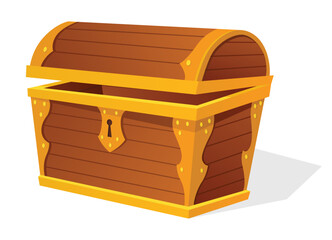 Chest. Empty old wooden chest for gold treasure. Cartoon ancient container for pirates isolated vector icon on white. Game wooden antique box for treasure