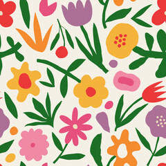 Aesthetic Contemporary printable seamless pattern with retro groovy flowers. Decorative Naive 60's, 70's style Vintage boho background in minimalist mid century style for fabric, wallpaper or wrapping