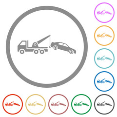 Car towing flat icons with outlines