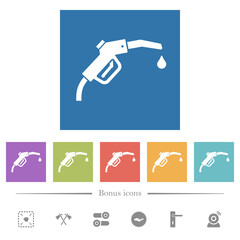 Gasoline pump fuel nozzle solid flat white icons in square backgrounds