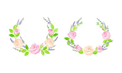 Floral Wreath Arranged from Lavender Twigs and Rose Buds Vector Set