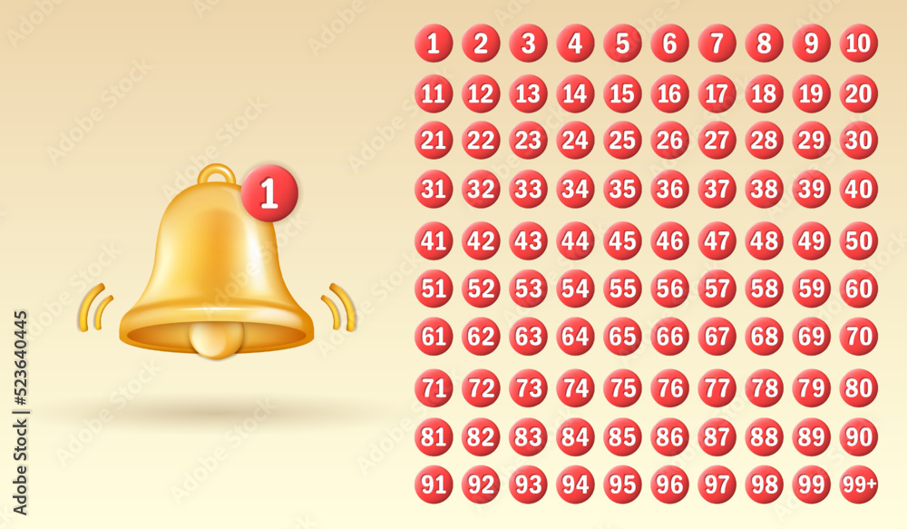 Poster three dimensional golden shiny bell with red notifications. notice buttons with numbers from 1 to 99