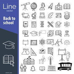 Set of school and university supplies, students silhouette, web design, vector line icons. back to school