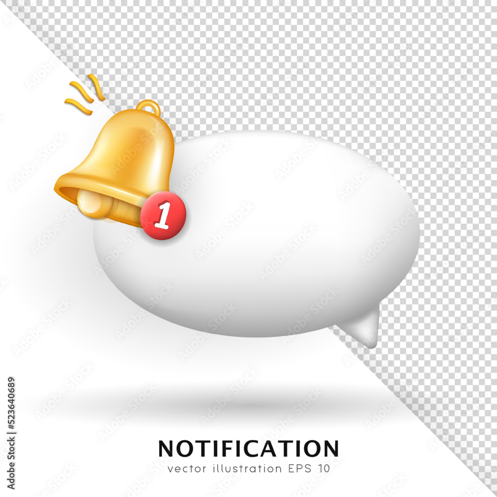 Poster white three dimensional speech bubble with golden ringing bell and red button. 3d cartoon chat cloud