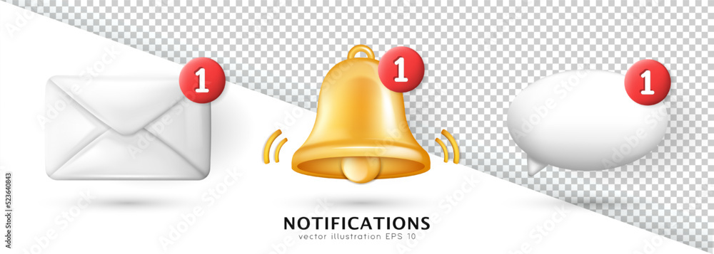 Poster ringing bell with red notification button isolated on white and transparent background. alarmclock, 