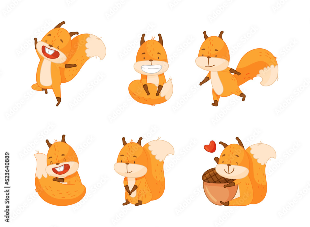 Poster funny orange squirrel character with bushy tail engaged in different activity vector set