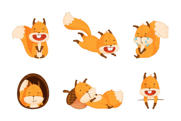 Funny Orange Squirrel Character with Bushy Tail Engaged in Different Activity Vector Set
