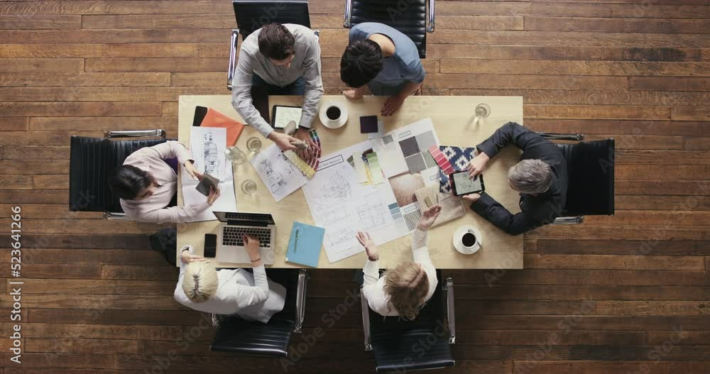 Aufkleber time lapse of interior design team discussing, talking and planning while analyzing color swatch for