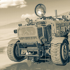 sci fi rover is going down in the desert after rain close up view 