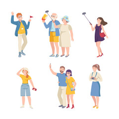 Obraz premium Group of tourists travelling with guide. Happy people sightseeing and taking photo at excursion cartoon vector illustration