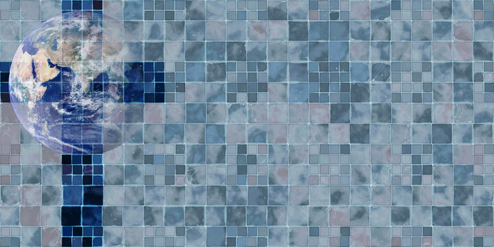 translucent earth sphere over blue tile cross in old tile mosaic with copy space