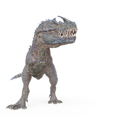 dinosaur monster is standing up and also looking for food on white background with copy space