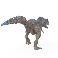 dinosaur monster is walking way on white background rear view