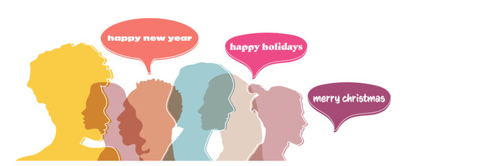 Man and woman head silhouettes with colorful speech bubbles with text Merry Christmas, happy holidays