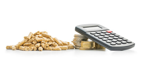 Wooden pellets, calculator and coins money head isolated on white background. Biomass - Renewable...