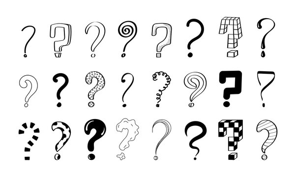 Question marks vector set. Ask signs in doodle, sketch style. Pen, inky punctuation icons. Interrogation symbols for expressing problems or difficulty.