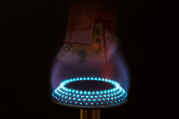 Falling and burning euro money banknotes on gas burner with blue flame closeup on dark background....