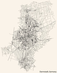 Fototapeta na wymiar Detailed navigation black lines urban street roads map of the German regional capital city of DARMSTADT, GERMANY on vintage beige background