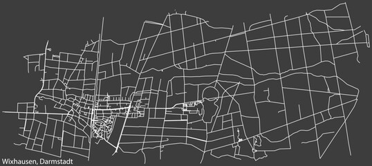 Detailed negative navigation white lines urban street roads map of the WIXHAUSEN DISTRICT of the German regional capital city of Darmstadt, Germany on dark gray background