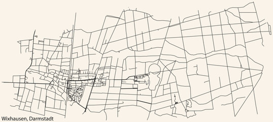 Detailed navigation black lines urban street roads map of the WIXHAUSEN DISTRICT of the German regional capital city of Darmstadt, Germany on vintage beige background