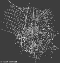 Detailed negative navigation white lines urban street roads map of the EBERSTADT DISTRICT of the German regional capital city of Darmstadt, Germany on dark gray background