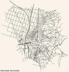 Detailed navigation black lines urban street roads map of the EBERSTADT DISTRICT of the German regional capital city of Darmstadt, Germany on vintage beige background