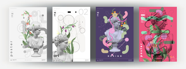 Art posters for the exhibition. A set of vector illustrations. Sculpture and plants. Painting in a modern style with classical elements. - obrazy, fototapety, plakaty