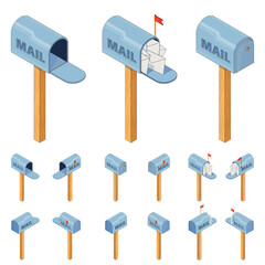 Mailbox. 3D isometry, isolate. An image of a mailbox with the inscription mail. A large set of vector images in different angles. Illustration in cartoon style. A metal box with letters and a flag.
