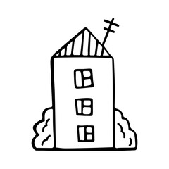 Multi-storey house drawing linear isolated. Three story house with windows, antenna and bushes. Cute doodles. Hand drawn vector illustration in cartoon style.