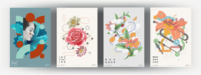 Trendy abstract art templates with floral and geometric elements. Vector fashion backgrounds. Paintings for interior. Women's faces in flowers. Suitable for social media posts, cover, banners design.