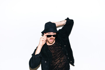 Model In Black Outfit Posing On Isolate Background with sun glasses