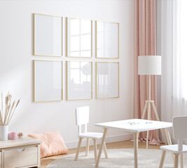 Fototapeta na wymiar Mock up frame in warm colored girl bedroom interior, 3D render
