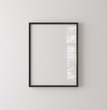 Black painted wooden frame mockup close up on white wall, 3d render