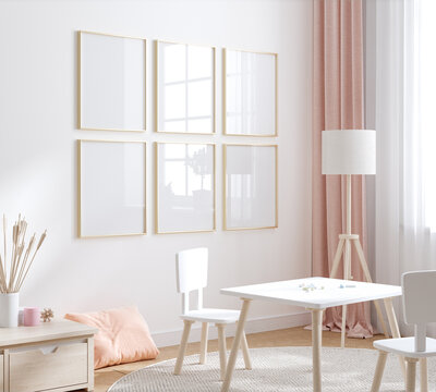 Mock up frame in warm colored girl bedroom interior, 3D render