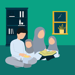 Simple Vector illustration drawing of Portrait of happy Muslim family with children reading the Quran and praying together at home. Islamic education concept. Modern design vector illustration