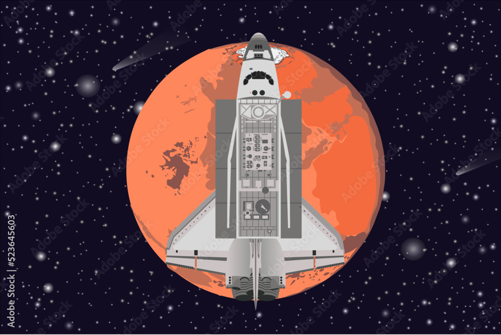 Poster space shuttle close to the mars planet of solar system. vector illustration. elements of this image 