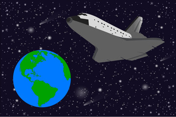 Space shuttle near the Earth planet of solar system. vector illustration. Elements of this image were furnished by NASA.
