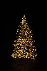 Silhouette of blurry Christmas tree illuminated and decorated with golden fairy lights in dark night creating beautiful bokeh effect with glowing circles or shiny dots, abstract image for holiday card - 523646475