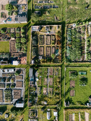 Aerial view of allotments for vegetable gardening in West Yorkshire. Shot by drone.