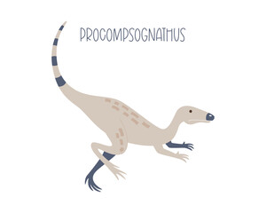 Obraz na płótnie Canvas Cute dinosaur procompsognathus isolated on white background. Vector illustration of wild animal