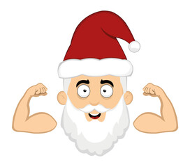 Vector illustration of the face of a cartoon santa claus showing the biceps of the arms