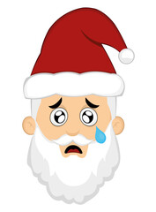 Vector illustration of a cartoon santa claus face with a sad expression, crying and a tear falling from his eye

