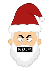 Vector illustration of the face of a cartoon Santa Claus with an angry expression and a censored insult in his mouth

