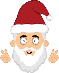 Vector illustration of the face of a cartoon Santa Claus making the classic gesture of love and peace or v victory with his hands