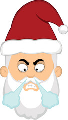 Vector illustration of a cartoon Santa Claus face with an angry expression and fuming by the nose