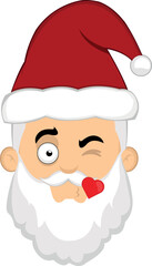 Vector illustration of the face of a cartoon Santa Claus giving a heart shaped kiss