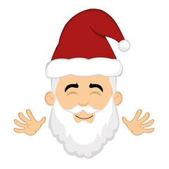 Vector illustration of the face of a cartoon Santa Claus with a happy expression and waving with his hands
