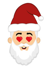 Vector illustration of the face of a cartoon santa claus in love with eyes in the form of hearts

